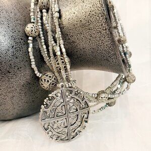 Vintage Inspired Silver Filigree Statement Necklace Multi-Strand Boho Medallion